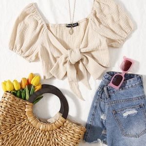 Puff Sleeve Tie Front Crop Top
